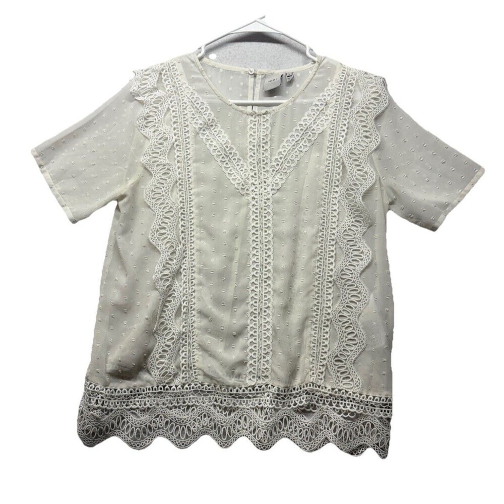 ICHI Woman’s Blouse Short Sleeve Top Size 38 Made in India White Lace Coquette